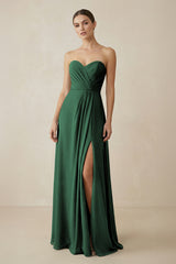 Sweetheart Chiffon A-Line Bridesmaid Dress with Slit in Dark Green | KISSBRIDAL