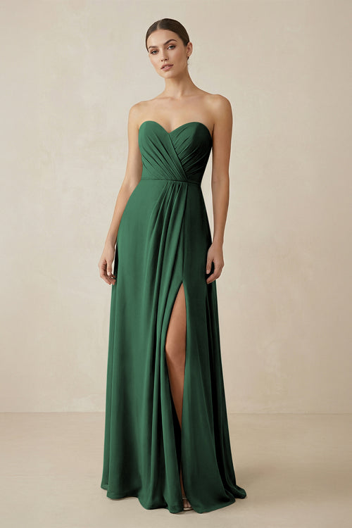 Sweetheart Chiffon A-Line Bridesmaid Dress with Slit in Dark Green | KISSBRIDAL