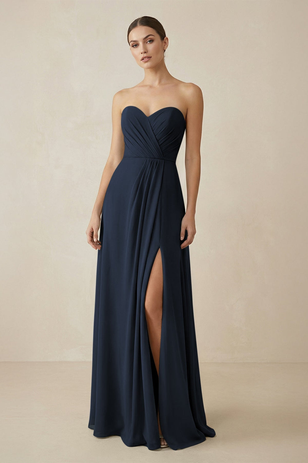 Sweetheart Chiffon A - Line Bridesmaid Dress with Slit in Dark Navy - KISS BRIDAL Bridesmaid Dresses