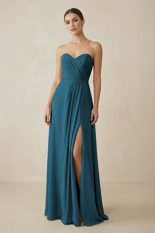 Sweetheart Chiffon A - Line Bridesmaid Dress with Slit in Dark Teal - SHE IS ME Bridesmaid Dresses