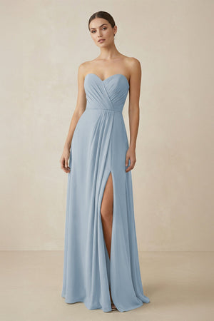 Sweetheart Chiffon A - Line Bridesmaid Dress with Slit in Dusty Blue - SHE IS ME Bridesmaid Dresses