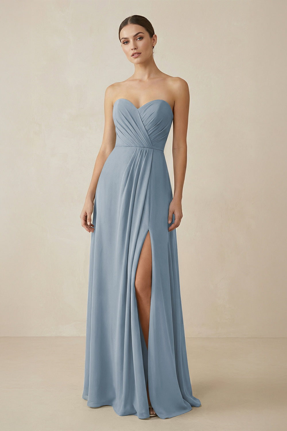Sweetheart Chiffon A-Line Bridesmaid Dress with Slit in Dusty Blue