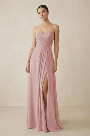 Sweetheart Chiffon A - Line Bridesmaid Dress with Slit in Dusty Rose - SHE IS ME Bridesmaid Dresses