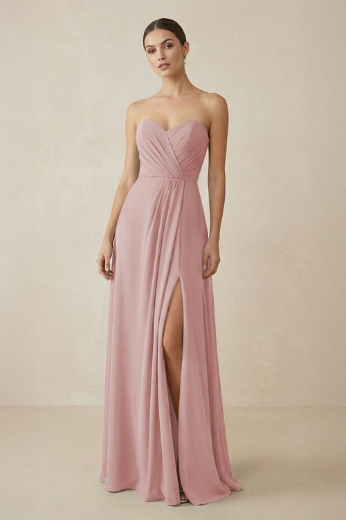 Sweetheart Chiffon A - Line Bridesmaid Dress with Slit in Dusty Rose - SHE IS ME Bridesmaid Dresses
