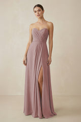 Sweetheart Chiffon A-Line Bridesmaid Dress with Slit in Dusty Rose | KISSBRIDAL