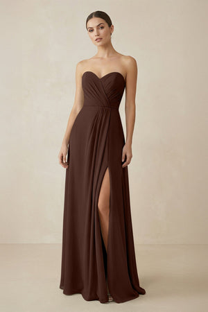 Sweetheart Chiffon A - Line Bridesmaid Dress with Slit in Espresso - SHE IS ME Bridesmaid Dresses
