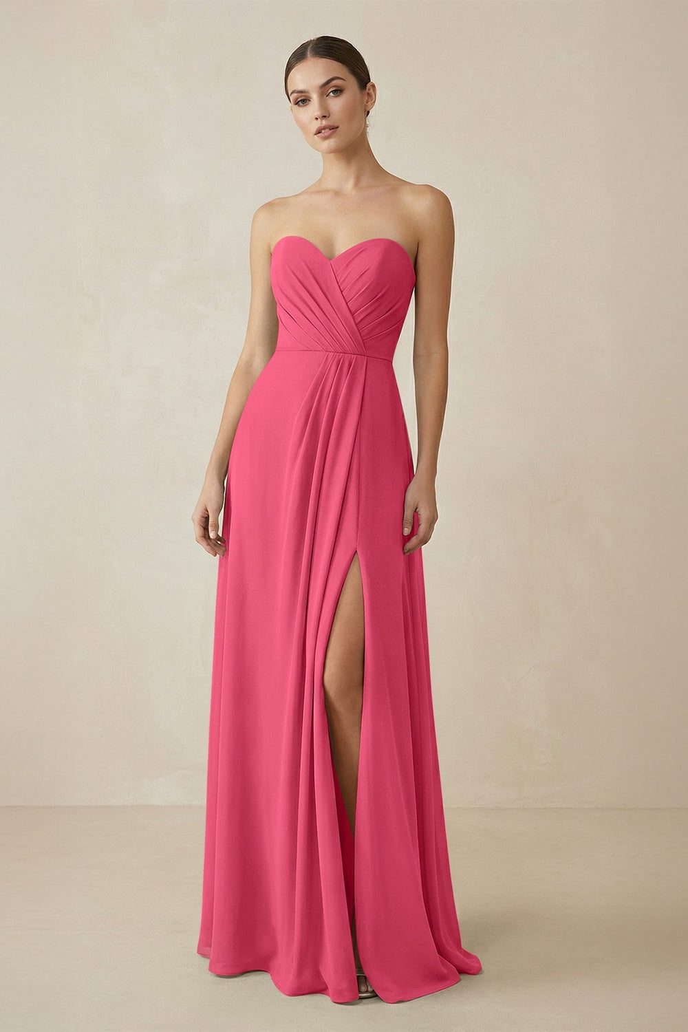 Sweetheart Chiffon A - Line Bridesmaid Dress with Slit in Fuchsia - KISS BRIDAL Bridesmaid Dresses
