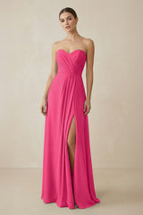 Sweetheart Chiffon A-Line Bridesmaid Dress with Slit in Fuchsia | KISSBRIDAL