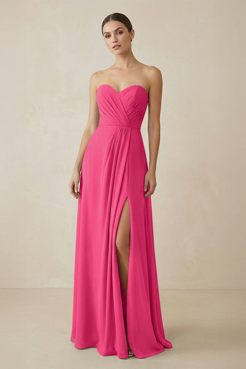 Sweetheart Chiffon A-Line Bridesmaid Dress with Slit in Fuchsia | KISSBRIDAL