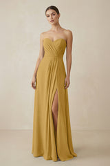 Sweetheart Chiffon A-Line Bridesmaid Dress with Slit in Marigold | KISSBRIDAL