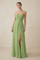 Sweetheart Chiffon A - Line Bridesmaid Dress with Slit in Matcha - SHE IS ME Bridesmaid Dresses