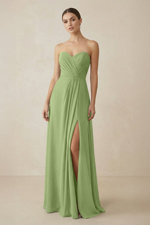 Sweetheart Chiffon A - Line Bridesmaid Dress with Slit in Matcha - SHE IS ME Bridesmaid Dresses
