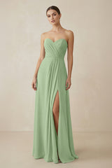 Sweetheart Chiffon A-Line Bridesmaid Dress with Slit in Matcha | KISSBRIDAL
