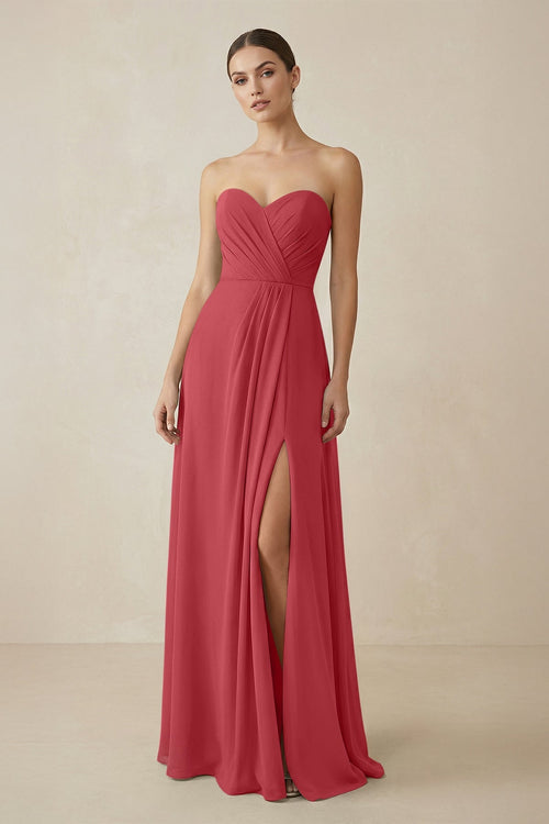 Sweetheart Chiffon A - Line Bridesmaid Dress with Slit in Merlot - SHE IS ME Bridesmaid Dresses