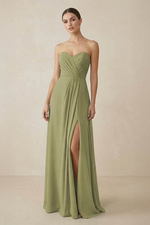 Sweetheart Chiffon A - Line Bridesmaid Dress with Slit in Moss Green - SHE IS ME Bridesmaid Dresses