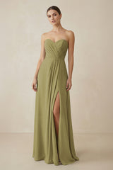Sweetheart Chiffon A-Line Bridesmaid Dress with Slit in Moss Green | KISSBRIDAL