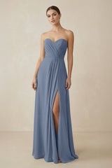 Sweetheart Chiffon A - Line Bridesmaid Dress with Slit in Neptune - KISS BRIDAL Bridesmaid Dresses