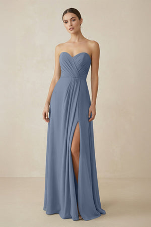 Sweetheart Chiffon A - Line Bridesmaid Dress with Slit in Neptune - SHE IS ME Bridesmaid Dresses