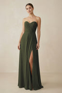 Sweetheart Chiffon A-Line Bridesmaid Dress with Slit in Olive | KISSBRIDAL