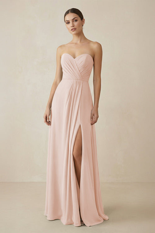 Sweetheart Chiffon A - Line Bridesmaid Dress with Slit in Pale Blush - SHE IS ME Bridesmaid Dresses