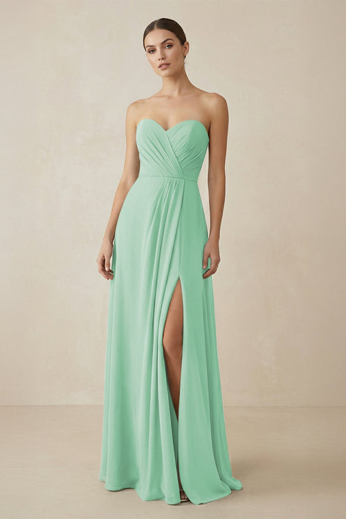 Sweetheart Chiffon A - Line Bridesmaid Dress with Slit in Pale Pistachio - SHE IS ME Bridesmaid Dresses