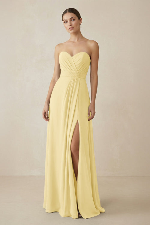 Sweetheart Chiffon A - Line Bridesmaid Dress with Slit in Pastel Yellow - SHE IS ME Bridesmaid Dresses