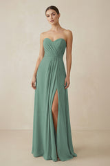 Sweetheart Chiffon A-Line Bridesmaid Dress with Slit in Sea Glass | KISSBRIDAL