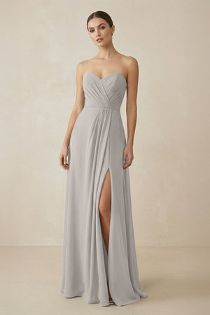 Sweetheart Chiffon A - Line Bridesmaid Dress with Slit in Silver - SHE IS ME Bridesmaid Dresses