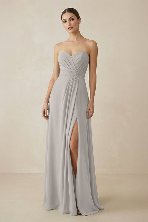 Sweetheart Chiffon A - Line Bridesmaid Dress with Slit in Silver - SHE IS ME Bridesmaid Dresses