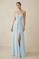 Sweetheart Chiffon A-Line Bridesmaid Dress with Slit in Sky Blue | KISSBRIDAL