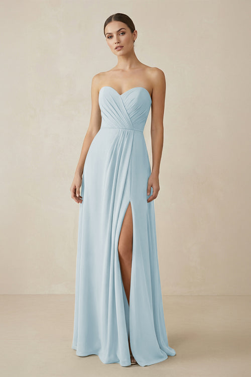 Sweetheart Chiffon A-Line Bridesmaid Dress with Slit in Sky Blue | KISSBRIDAL