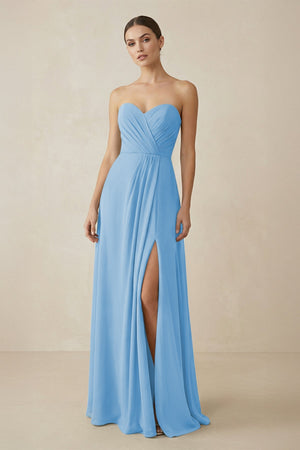 Sweetheart Chiffon A - Line Bridesmaid Dress with Slit in Steel Blue - SHE IS ME Bridesmaid Dresses