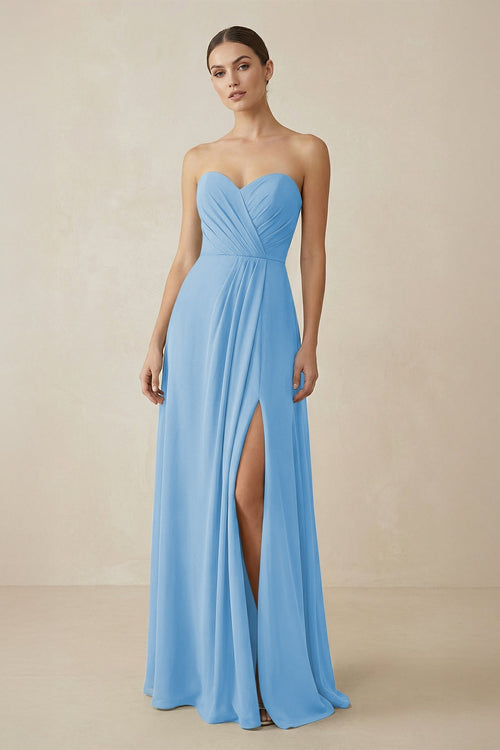 Sweetheart Chiffon A - Line Bridesmaid Dress with Slit in Steel Blue - SHE IS ME Bridesmaid Dresses