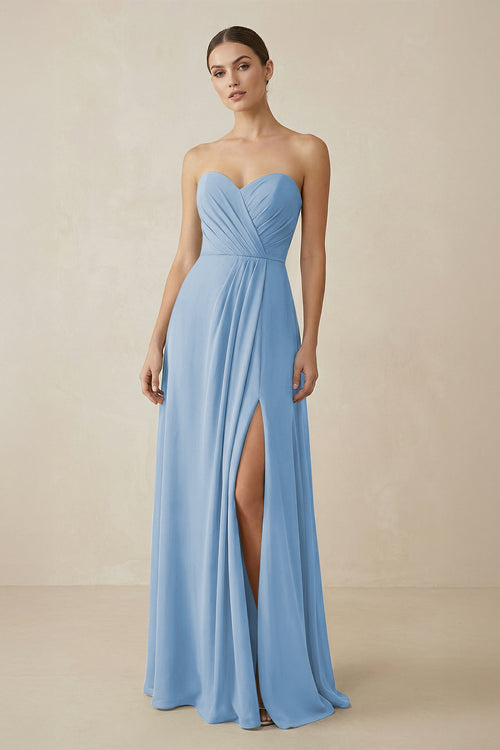 Sweetheart Chiffon A-Line Bridesmaid Dress with Slit in Steel Blue | KISSBRIDAL