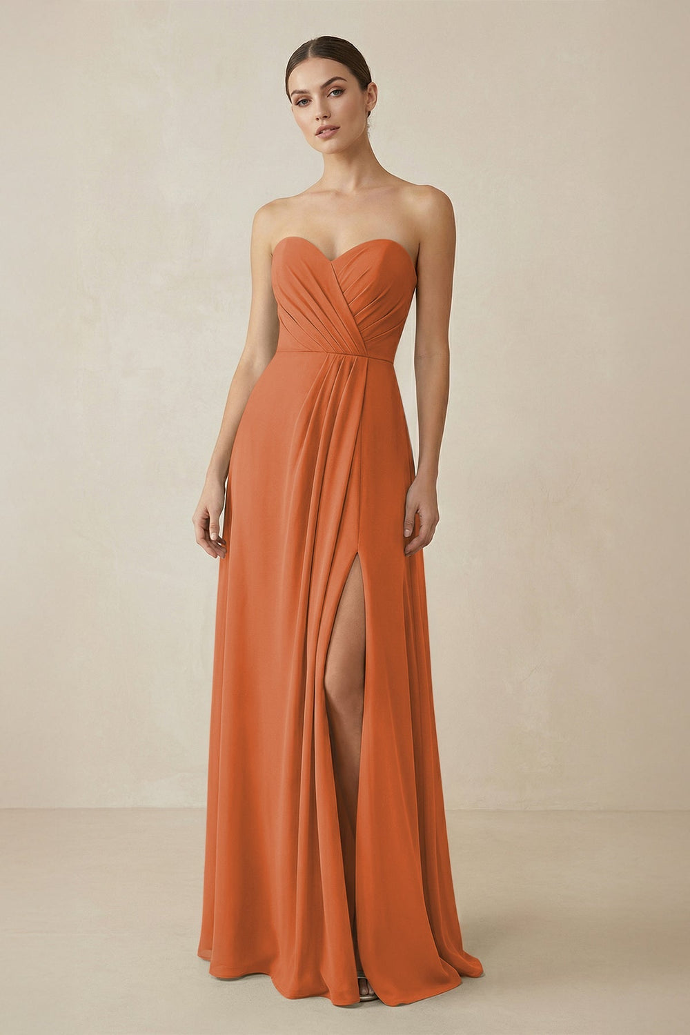 Sweetheart Chiffon A - Line Bridesmaid Dress with Slit in Terracotta - KISS BRIDAL Bridesmaid Dresses