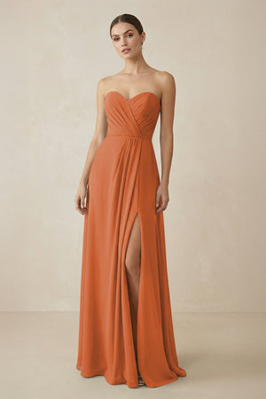 Sweetheart Chiffon A - Line Bridesmaid Dress with Slit in Terracotta - SHE IS ME Bridesmaid Dresses