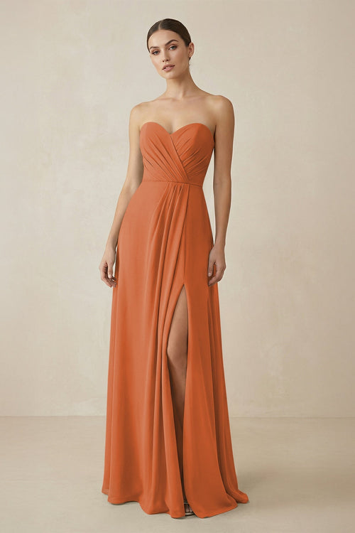 Sweetheart Chiffon A - Line Bridesmaid Dress with Slit in Terracotta - SHE IS ME Bridesmaid Dresses