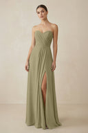 Sweetheart Chiffon A - Line Bridesmaid Dress with Slit in Thyme - SHE IS ME Bridesmaid Dresses