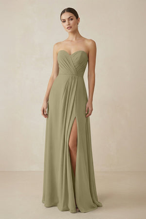 Sweetheart Chiffon A - Line Bridesmaid Dress with Slit in Thyme - SHE IS ME Bridesmaid Dresses