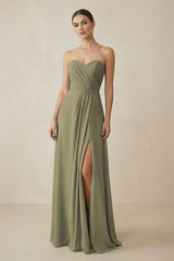 Sweetheart Chiffon A-Line Bridesmaid Dress with Slit in Thyme | KISSBRIDAL