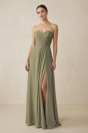 Sweetheart Chiffon A-Line Bridesmaid Dress with Slit in Thyme | KISSBRIDAL