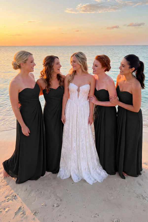 Sweetheart Chiffon Pleated Sheath Bridesmaid Dress in Black - KISS BRIDAL Bridesmaid Dresses