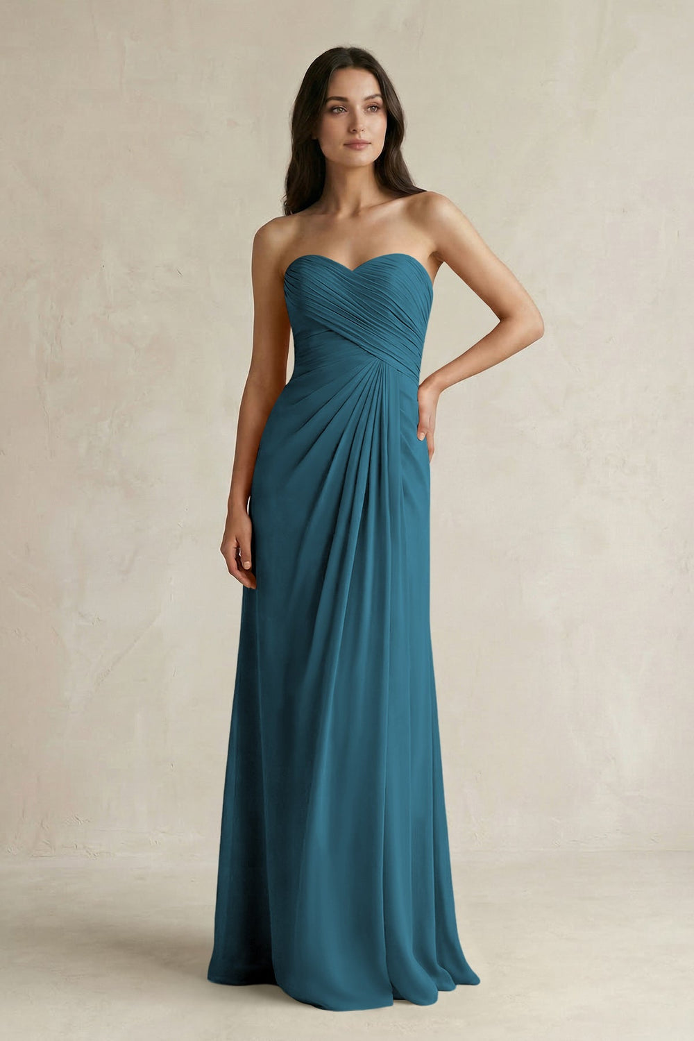Sweetheart Chiffon Pleated Sheath Bridesmaid Dress in Dark Teal - KISS BRIDAL Bridesmaid Dresses