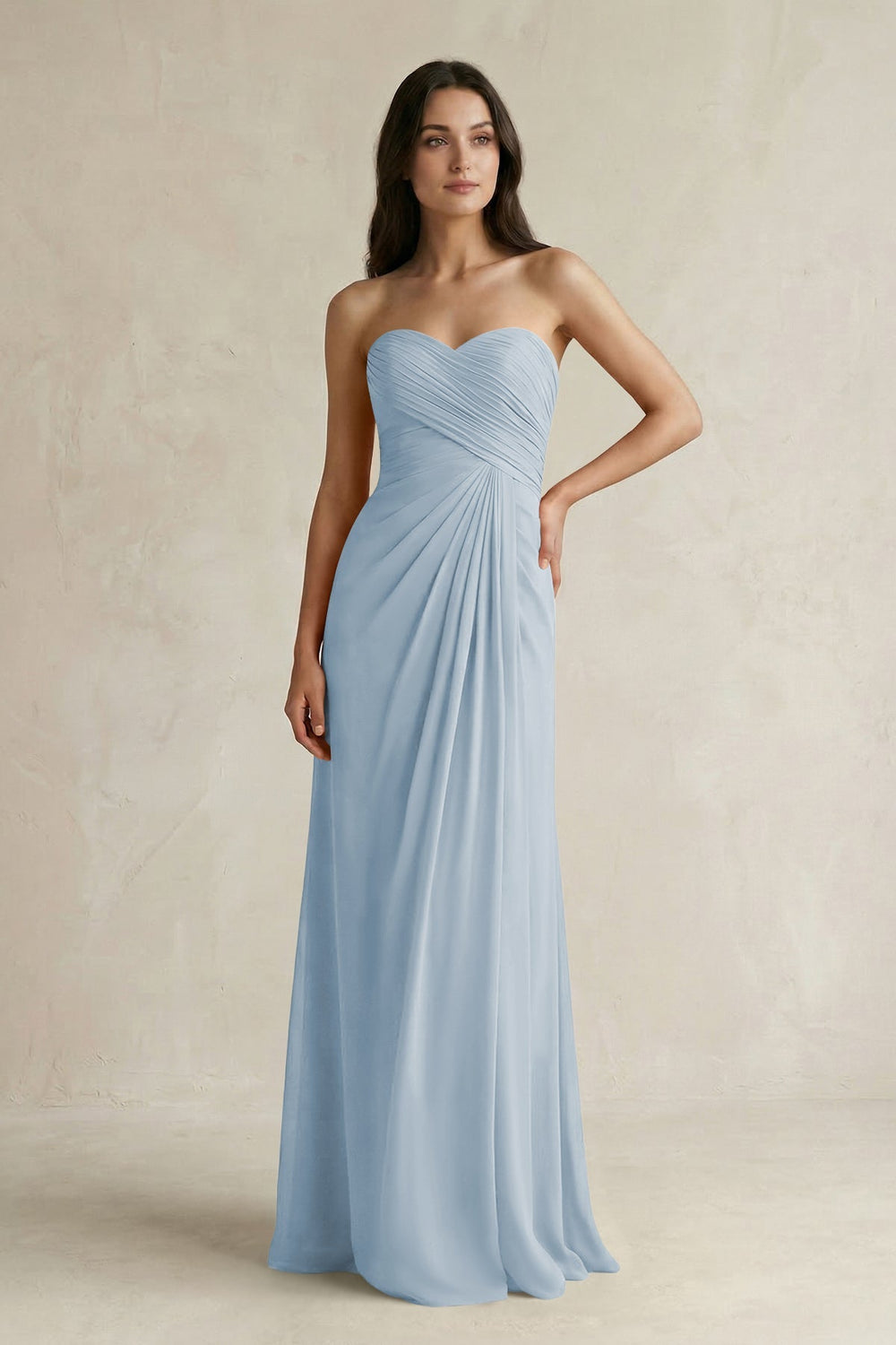 Sweetheart Chiffon Pleated Sheath Bridesmaid Dress in Dusty Blue - KISS BRIDAL Bridesmaid Dresses