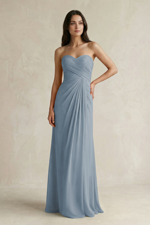 Sweetheart Chiffon Pleated Sheath Bridesmaid Dress  in Dusty Blue | KISSBRIDAL
