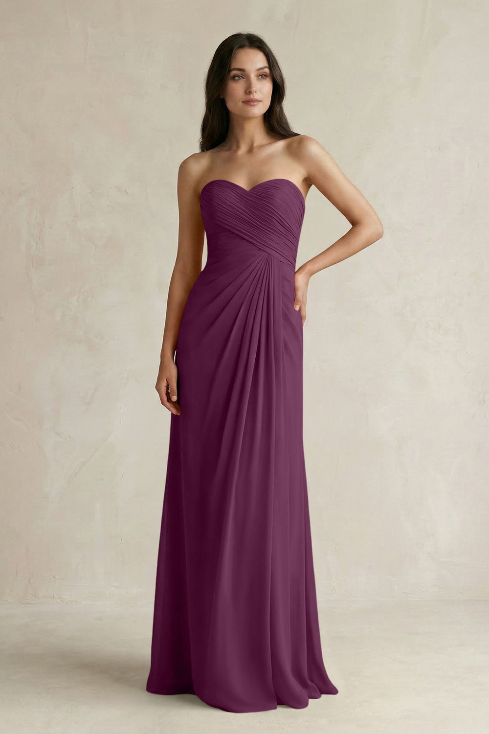 Sweetheart Chiffon Pleated Sheath Bridesmaid Dress in Fig - KISS BRIDAL Bridesmaid Dresses