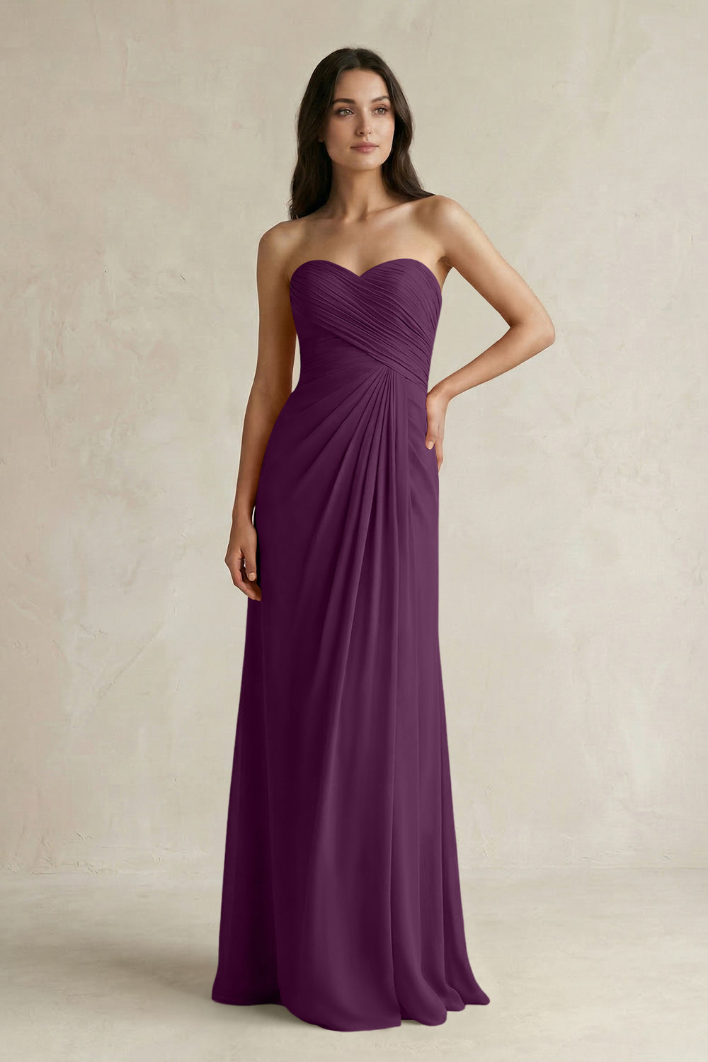 Sweetheart Chiffon Pleated Sheath Bridesmaid Dress  in Fig