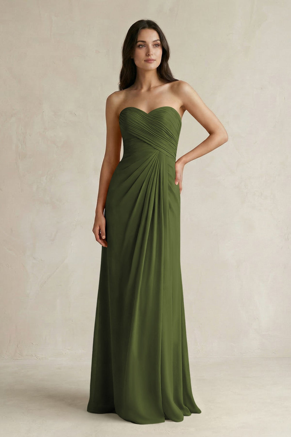 Sweetheart Chiffon Pleated Sheath Bridesmaid Dress in Olive - KISS BRIDAL Bridesmaid Dresses