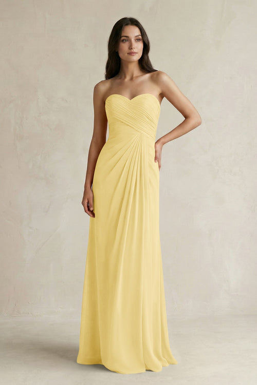 Sweetheart Chiffon Pleated Sheath Bridesmaid Dress in Pastel Yellow - SHE IS ME Bridesmaid Dresses