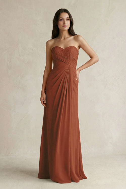 Sweetheart Chiffon Pleated Sheath Bridesmaid Dress  in Terracotta | KISSBRIDAL